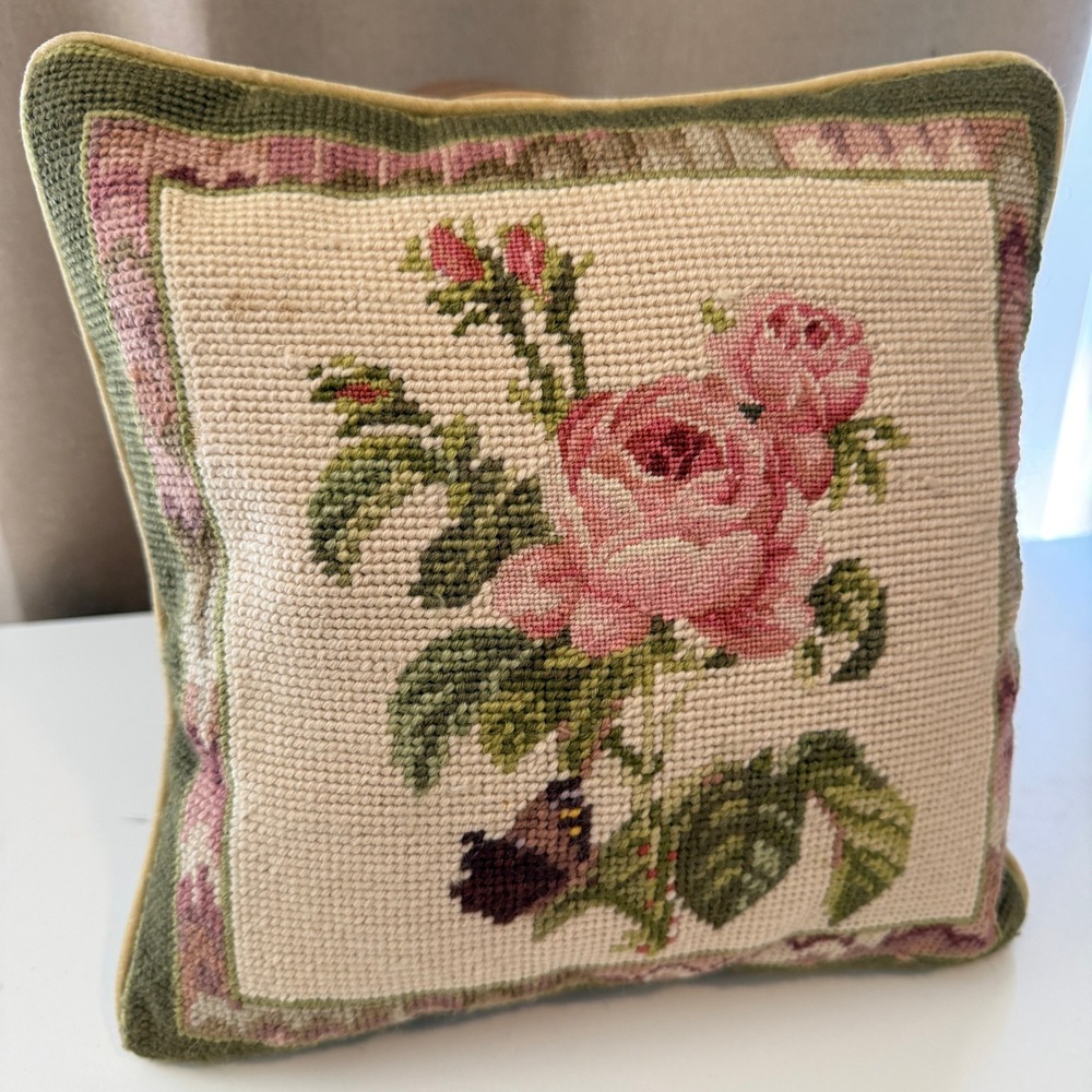 Vintage Floral Needlepoint Throw Pillow Pink Roses Velvet Backing Square Accent - Picture 2 of 4